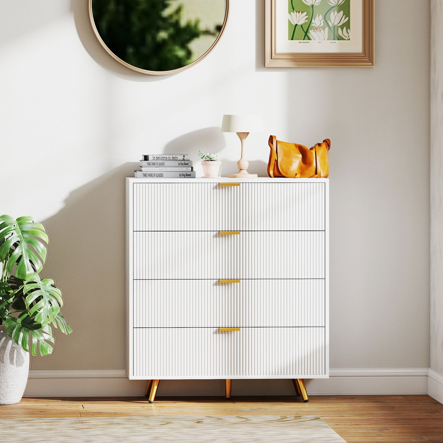 Refa Wooden White Elegant 4 Drawer Bedside Storage Table