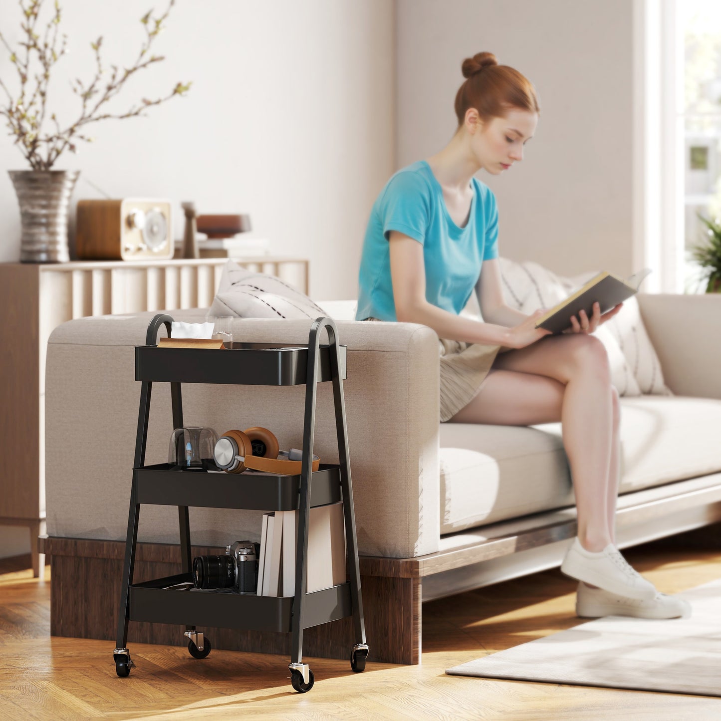 Fidovi Metal Black 3 Tier Storage Trolley With Wheels