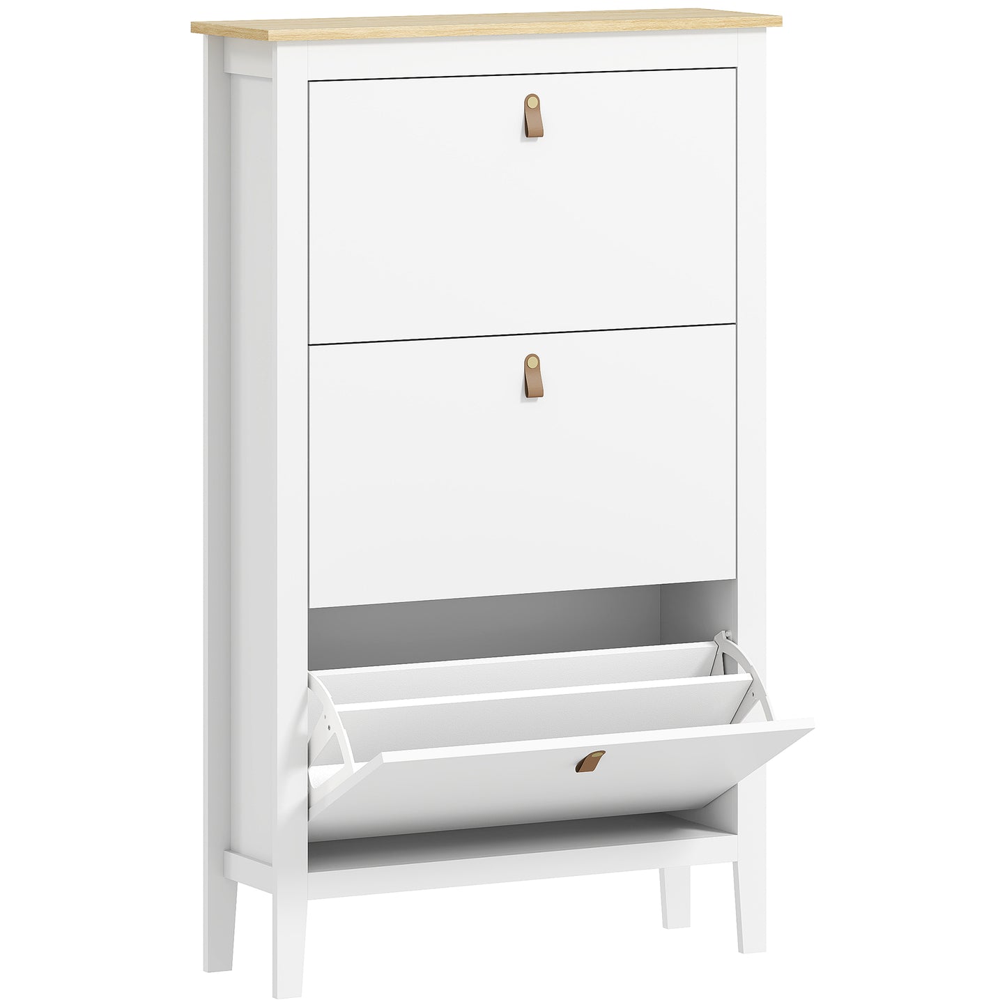 Makeve Wooden White and Natural Modern 3 Drawer Shoe Cabinet Faux Leather Handles