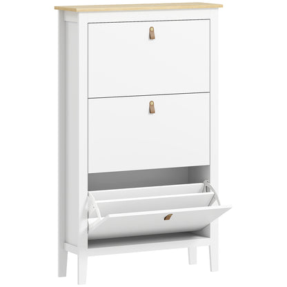 Makeve Wooden White and Natural Modern 3 Drawer Shoe Cabinet Faux Leather Handles