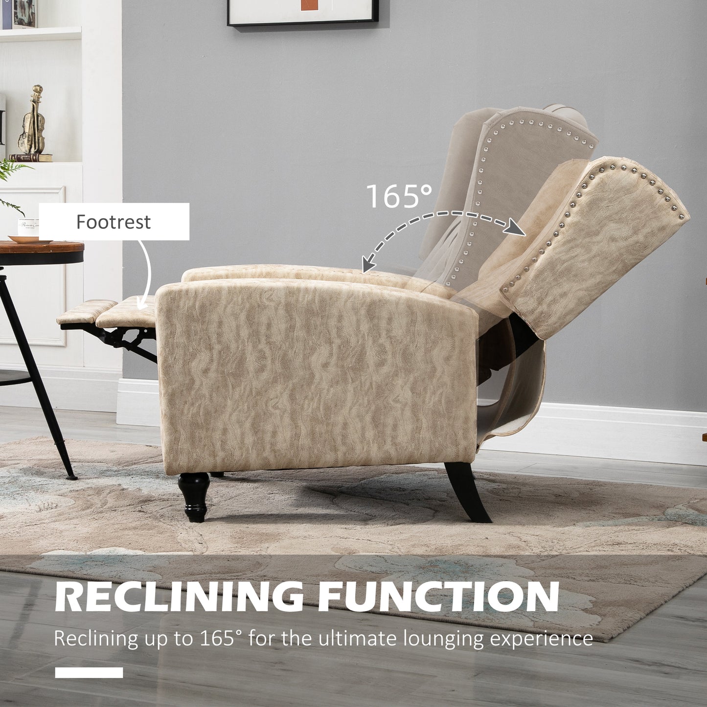 Conofa Beige Fabric Chesterfield Mid Century Style Reclining Armchair