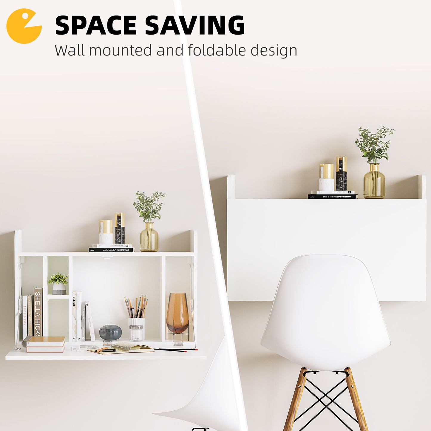 Pata Sovi Wood White Wall Mounted Drop Leaf Laptop Desk With Storage Compartments 77 x 20 x 51 cm