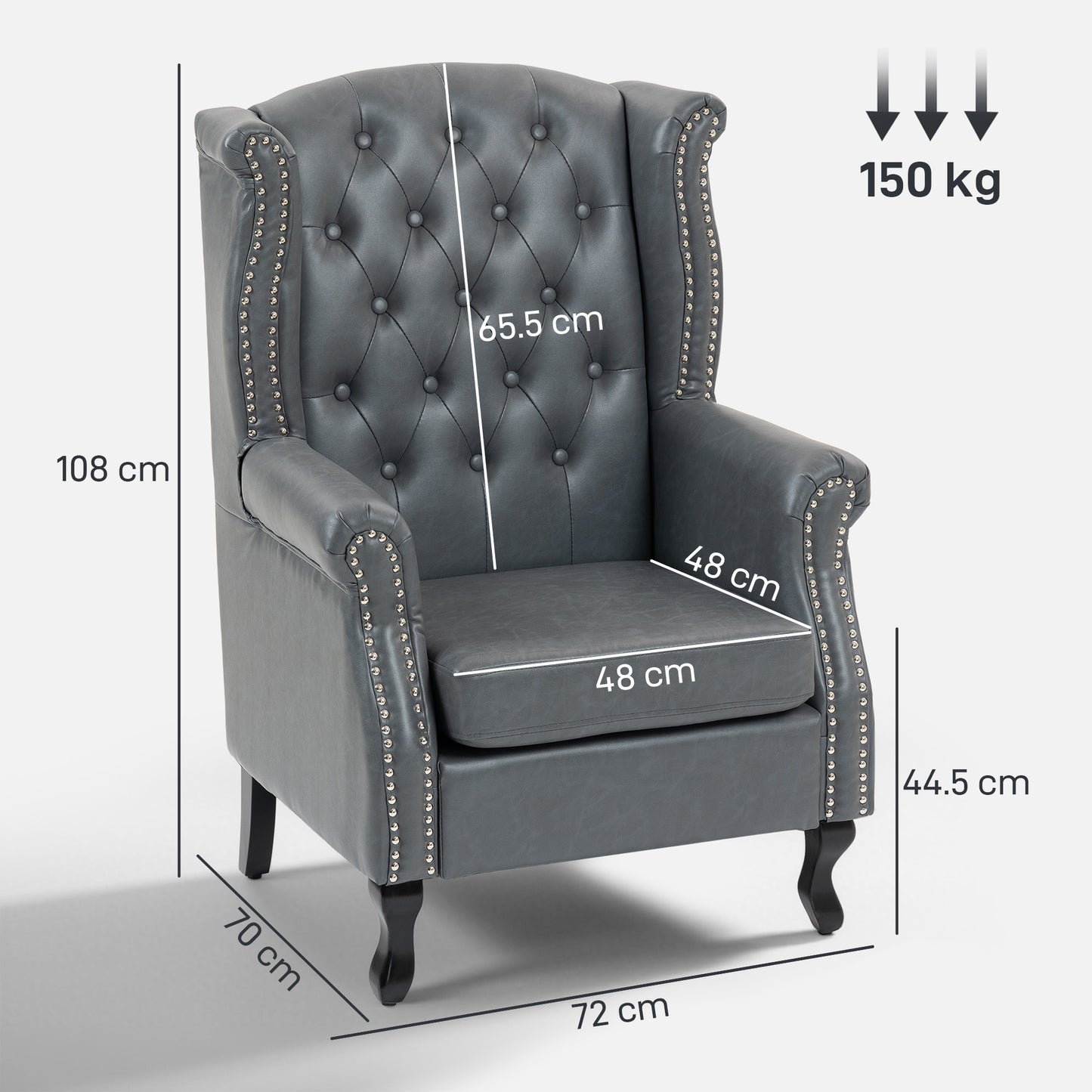 Radima Grey Faux Leather Chesterfield Wingback Accent Armchair With Nail Head Trim