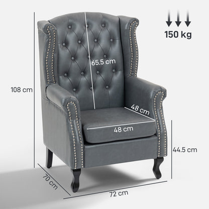 Radima Grey Faux Leather Chesterfield Wingback Accent Armchair With Nail Head Trim
