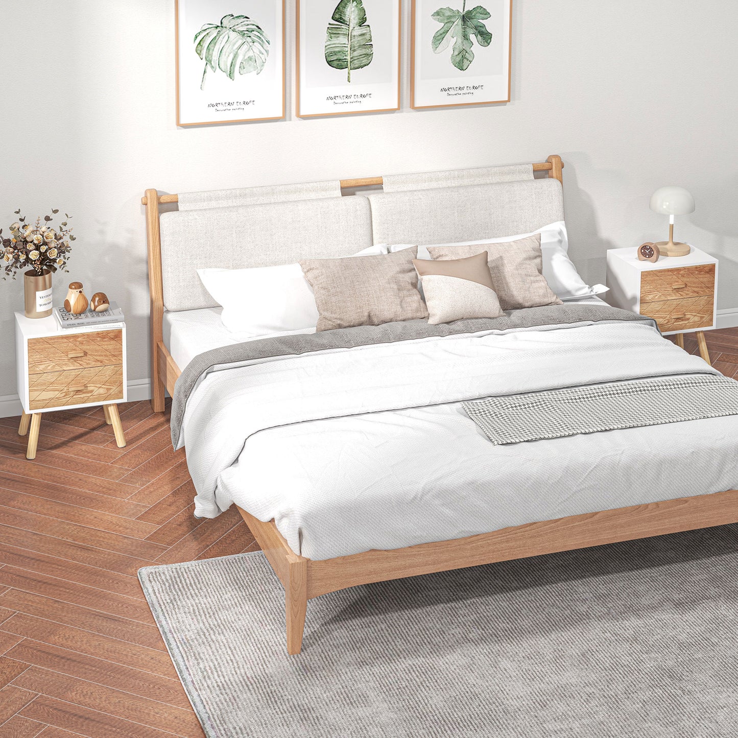 Hafane Set Of 2 White And Natural  Bedside Tables 2 Chevron Drawers