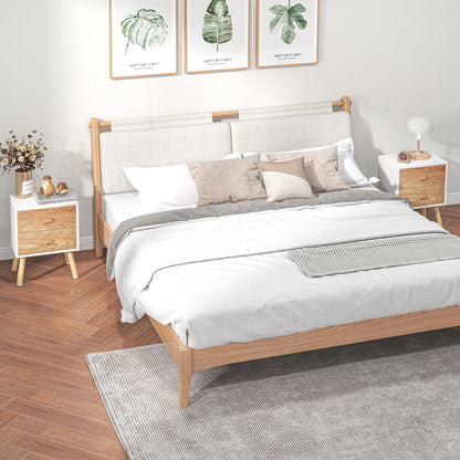 Hafane Set Of 2 White And Natural  Bedside Tables 2 Chevron Drawers