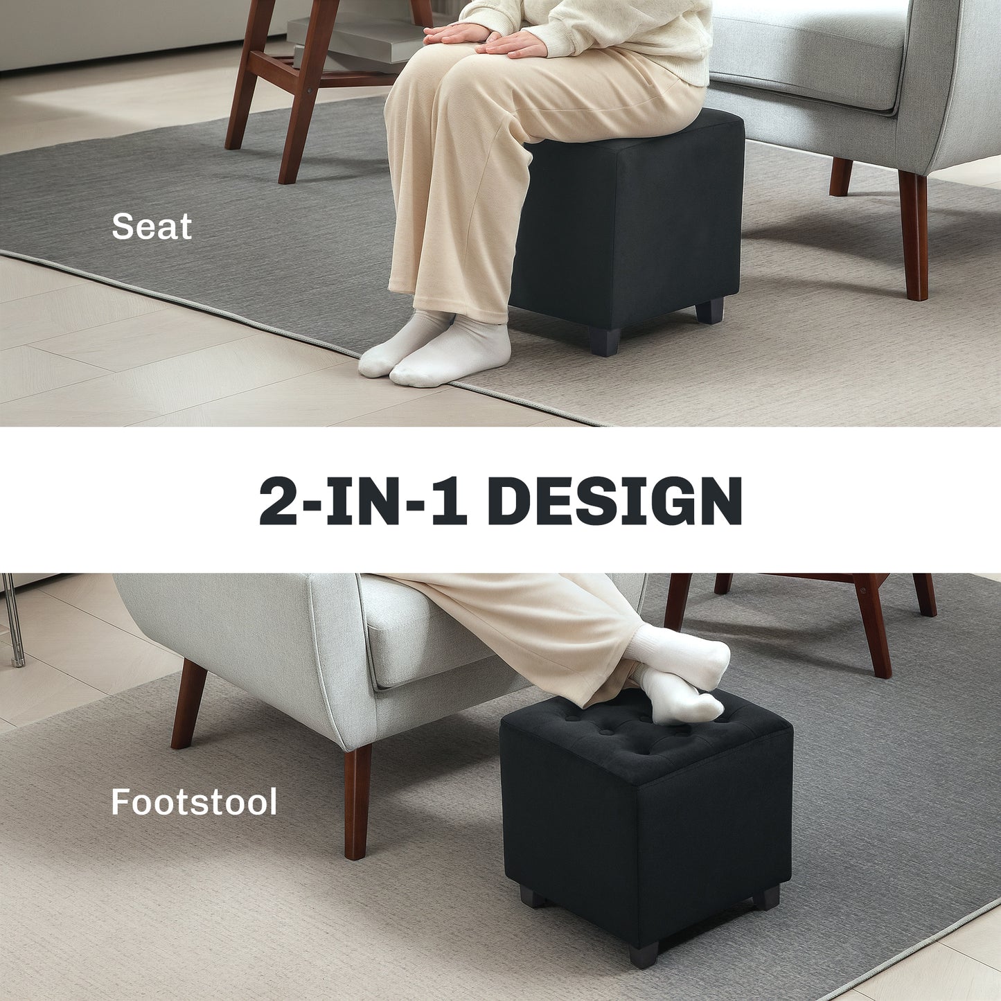 Liviel Velvet Black Square Ottoman With Soft Upholstered Finish