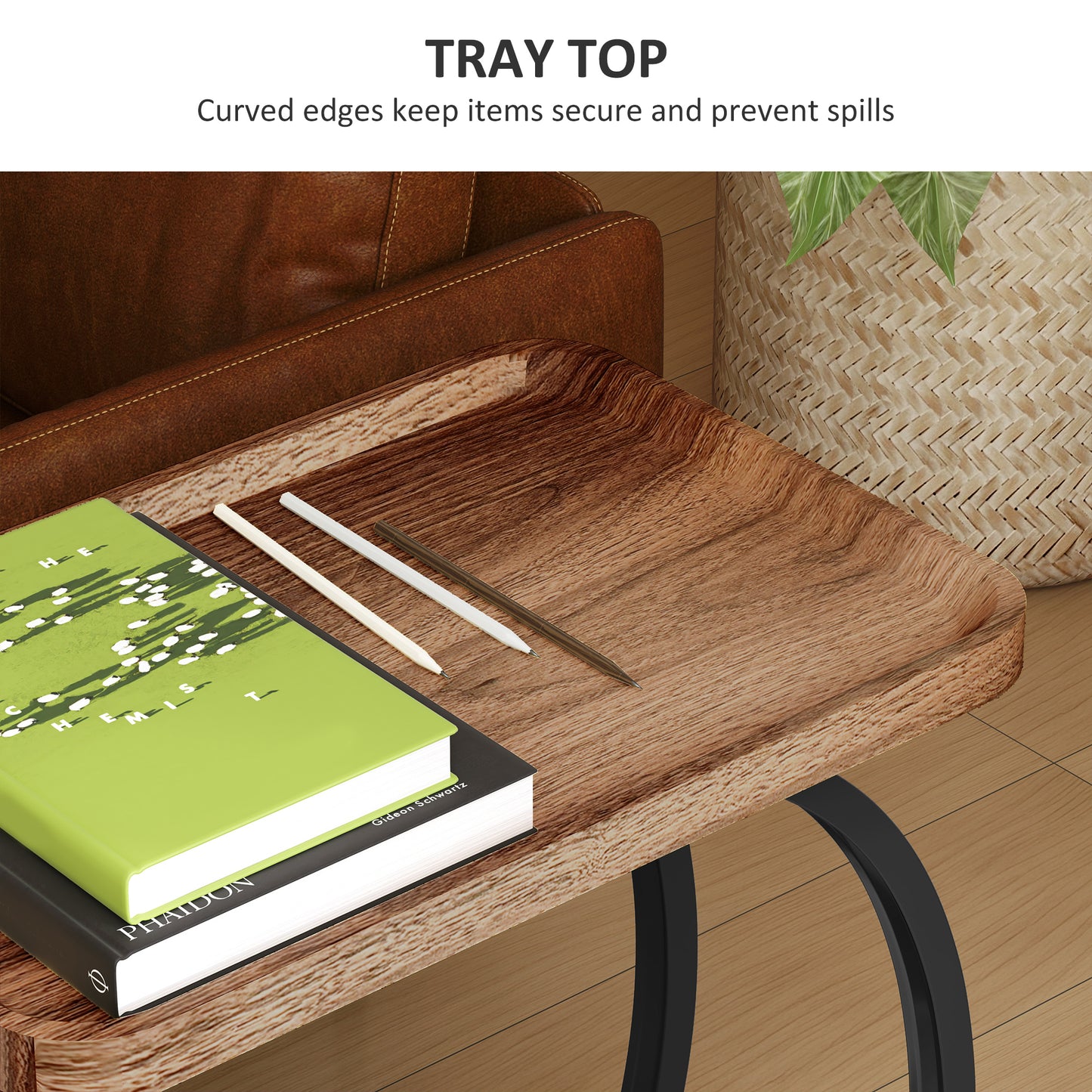 Netari Brown Wood and Black Metal 2 Tier Mobile C Shaped Side Table