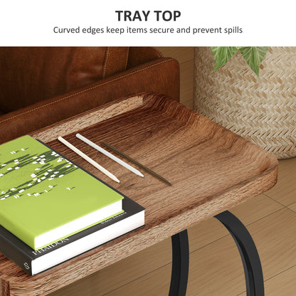 Netari Brown Wood and Black Metal 2 Tier Mobile C Shaped Side Table