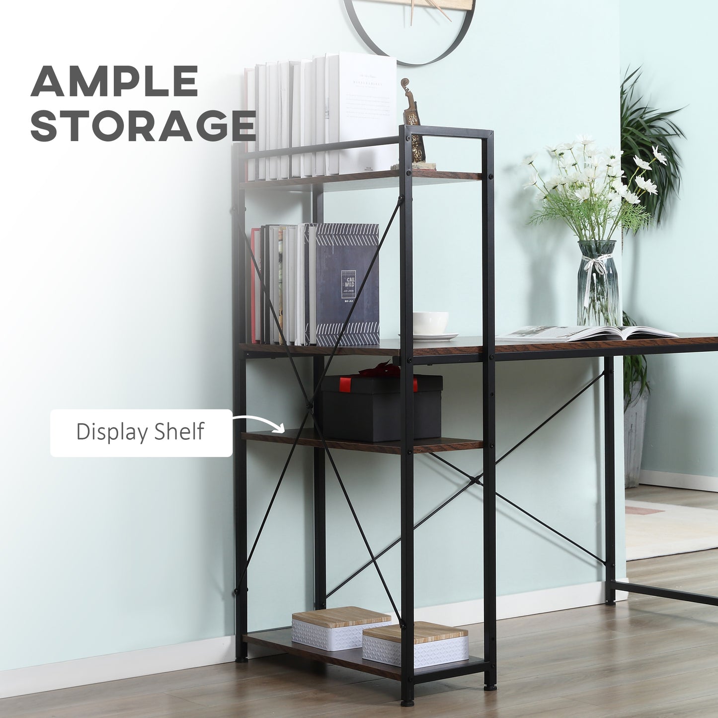 Ledo 120cm Rustic Brown And Black Reversible Industrial Home Office Desk With Side Shelving