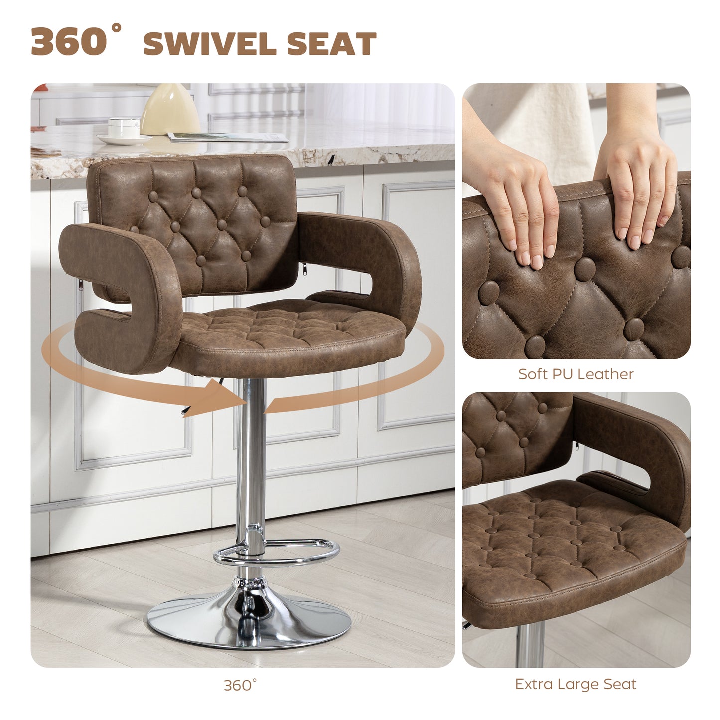 Fivepa Coffee Brown Faux Leather Adjustable Swivel Bar Stool With Armrests