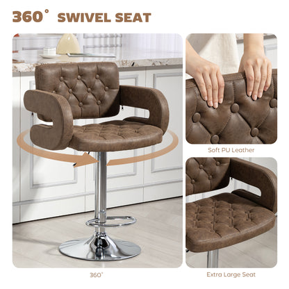 Fivepa Coffee Brown Faux Leather Adjustable Swivel Bar Stool With Armrests