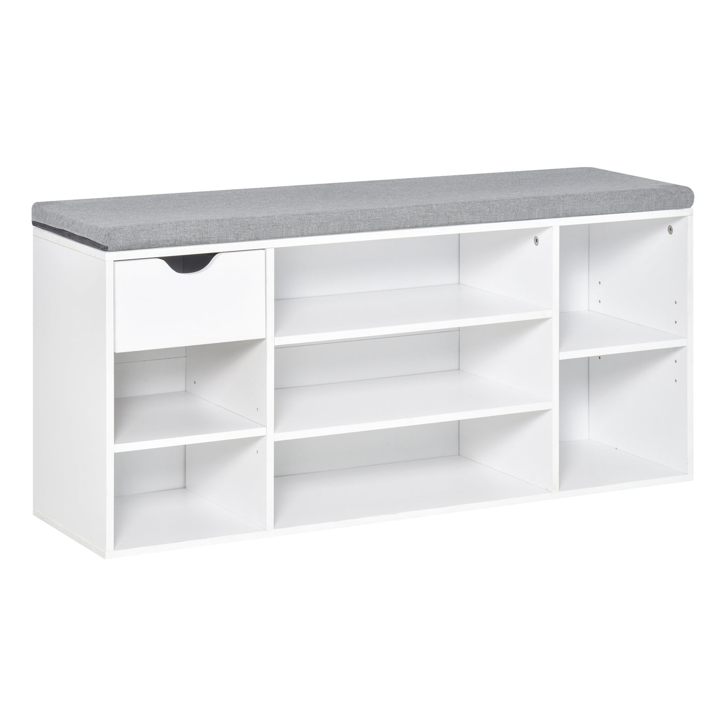Yoke Wooden White Shoe Bench With Cushioned Seat 1 Drawer 7 Compartments