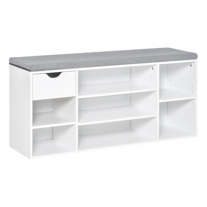 Yoke Wooden White Shoe Bench With Cushioned Seat 1 Drawer 7 Compartments