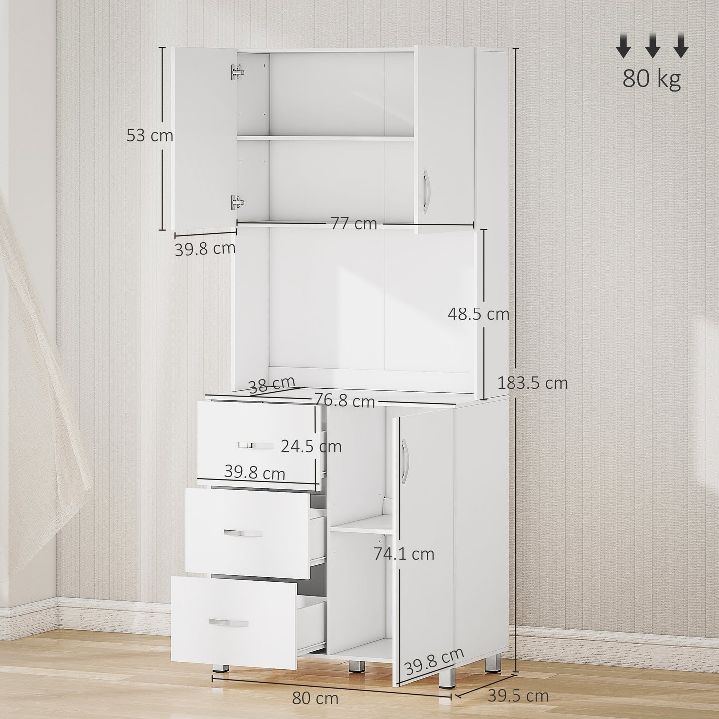 Dika Wooden White Tall Kitchen Storage Cabinet With Doors Drawers And Adjustable Shelving 183.5 cm