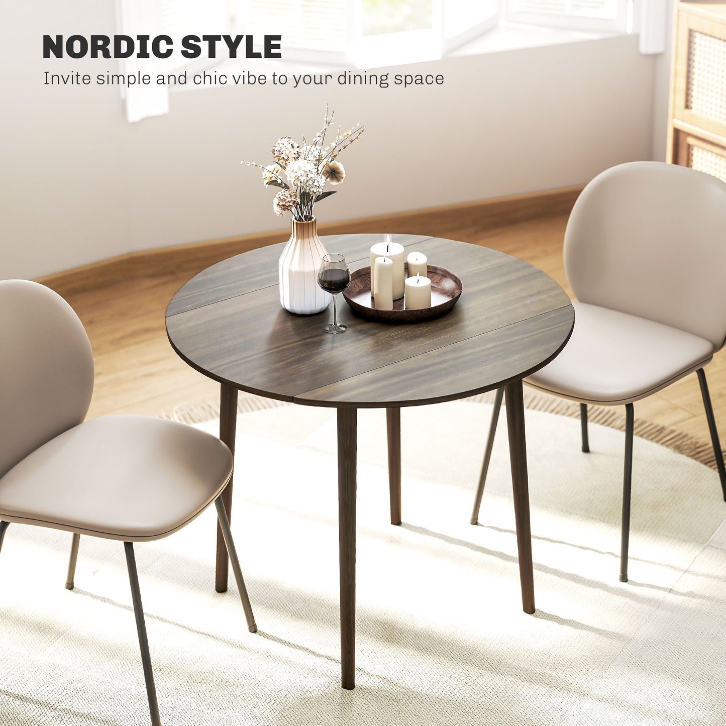 Harapa Solid Wood Grey Round Folding Dining Table Seating 4 With TaFauxred Legs