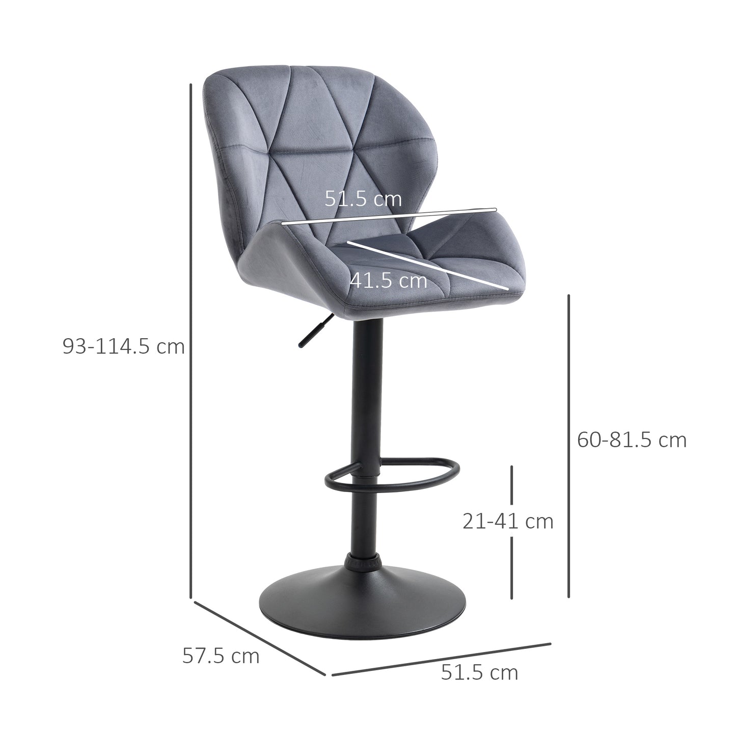 Samori Set Of 2 Upholstered Dark Grey Adjustable Swivel Bar Stools With Back Support