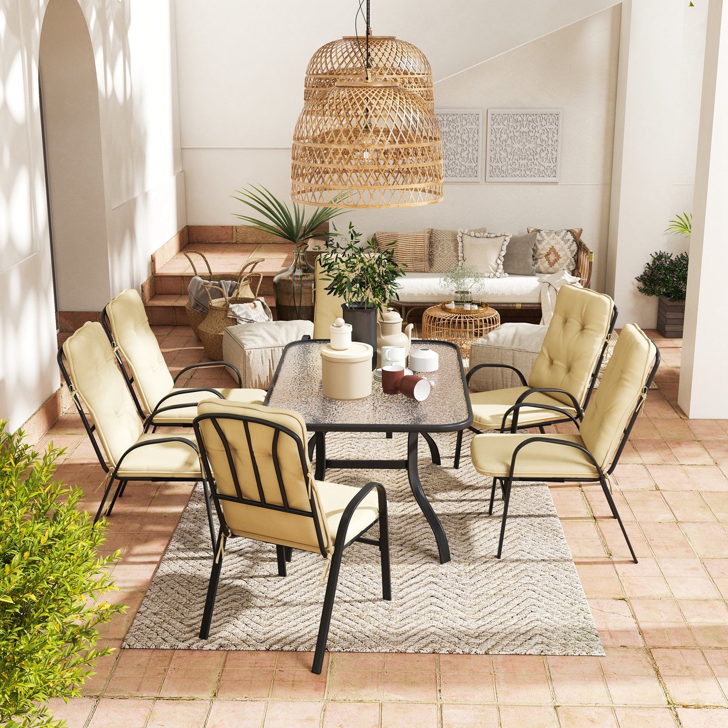 Seriva 6 Seater Cream Garden Dining Set with Black Metal Frame