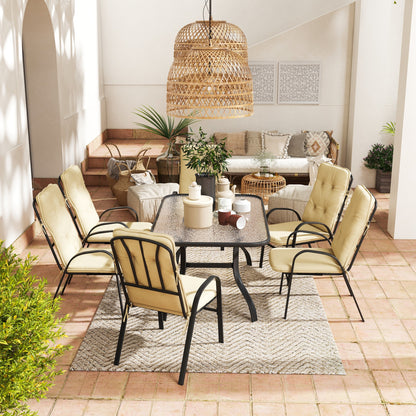 Seriva 6 Seater Cream Garden Dining Set with Black Metal Frame