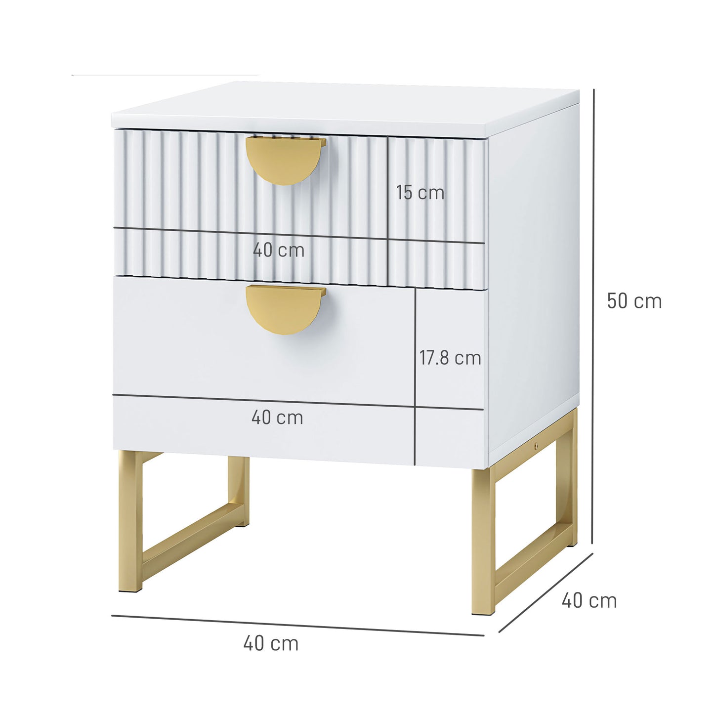 Coelta Loni White and Gold Elegant 2 Drawer Bedside Table Ribbed Pattern