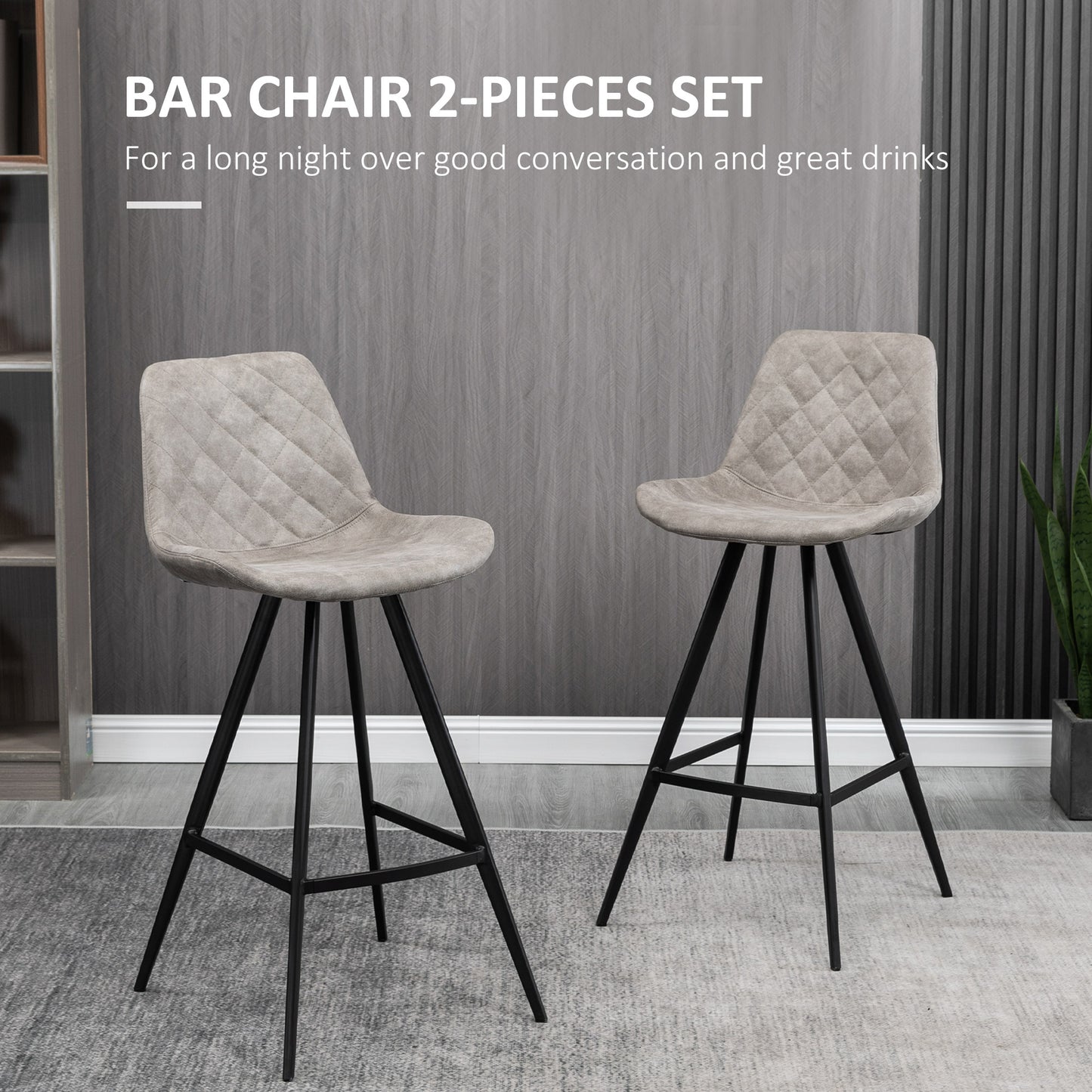 Vaba Microfiber Grey Padded Tub Bar Chairs Set Of 2 With Quilted Seat And Steel Footrest