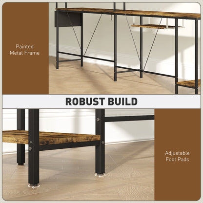 Ledoel 240cm Rustic Brown Reversible L Shaped Desk With Power Outlet Shelves And Keyboard Tray For 2 Users