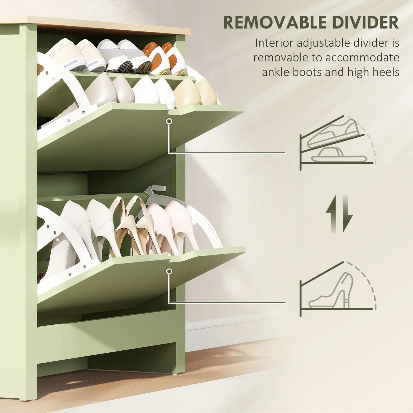 Wooden Green Slim Shoe Cabinet With 2 Flip Drawers For 12 Pairs