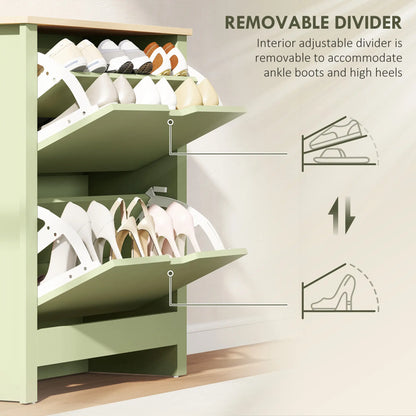 Wooden Green Slim Shoe Cabinet With 2 Flip Drawers For 12 Pairs