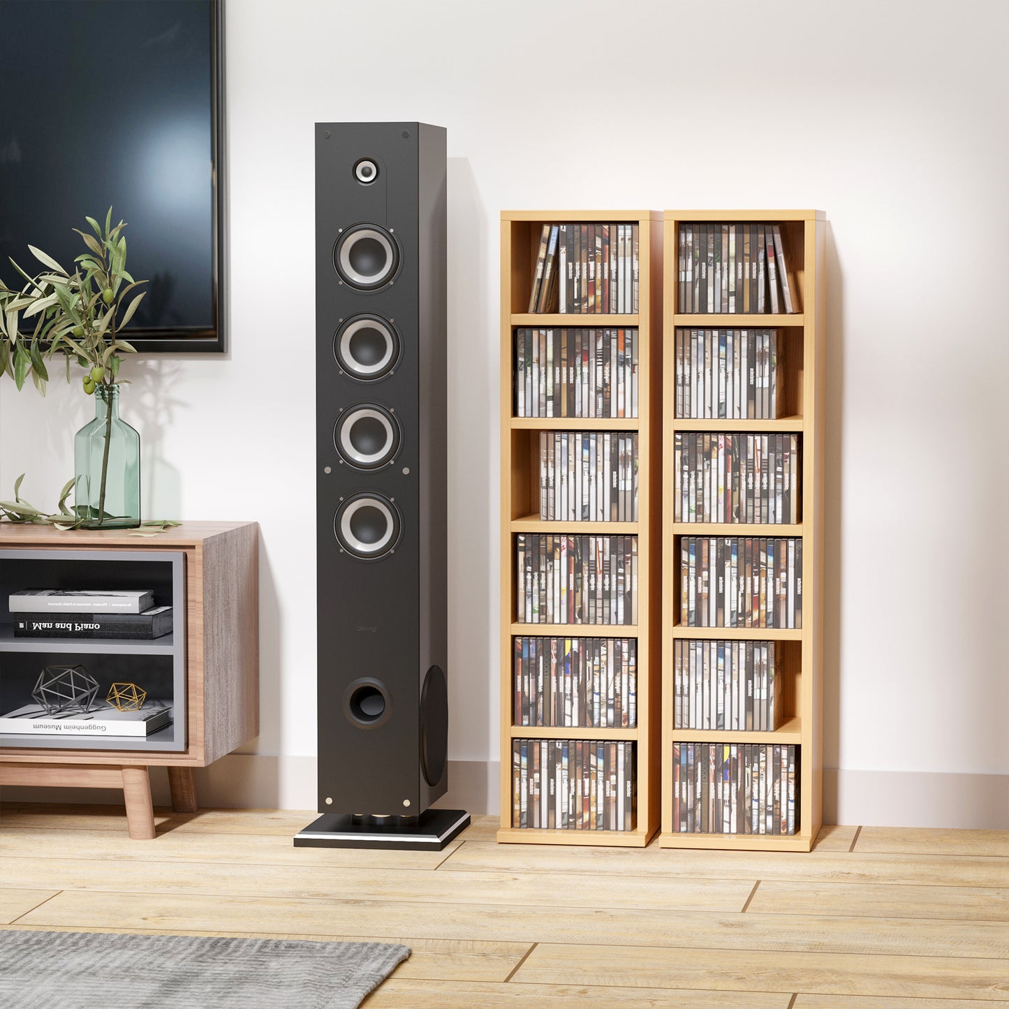 Vave Wood Natural Finish Set Of 2 CD And Blu Ray Media Storage Towers With Adjustable Shelves
