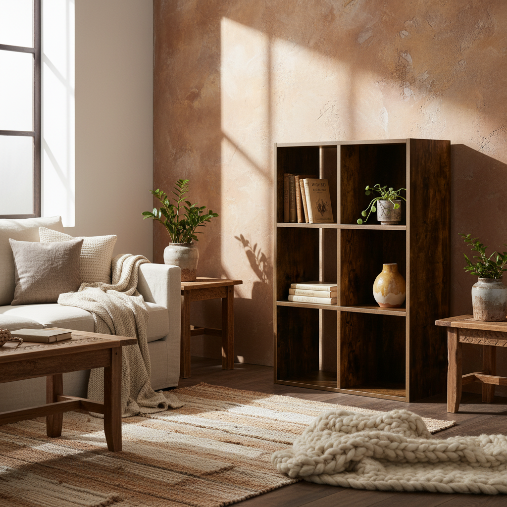 Mara Metal And Wood Rustic Brown Industrial 6 Compartment Freestanding Bookcase