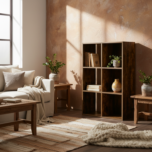 Mara Metal And Wood Rustic Brown Industrial 6 Compartment Freestanding Bookcase