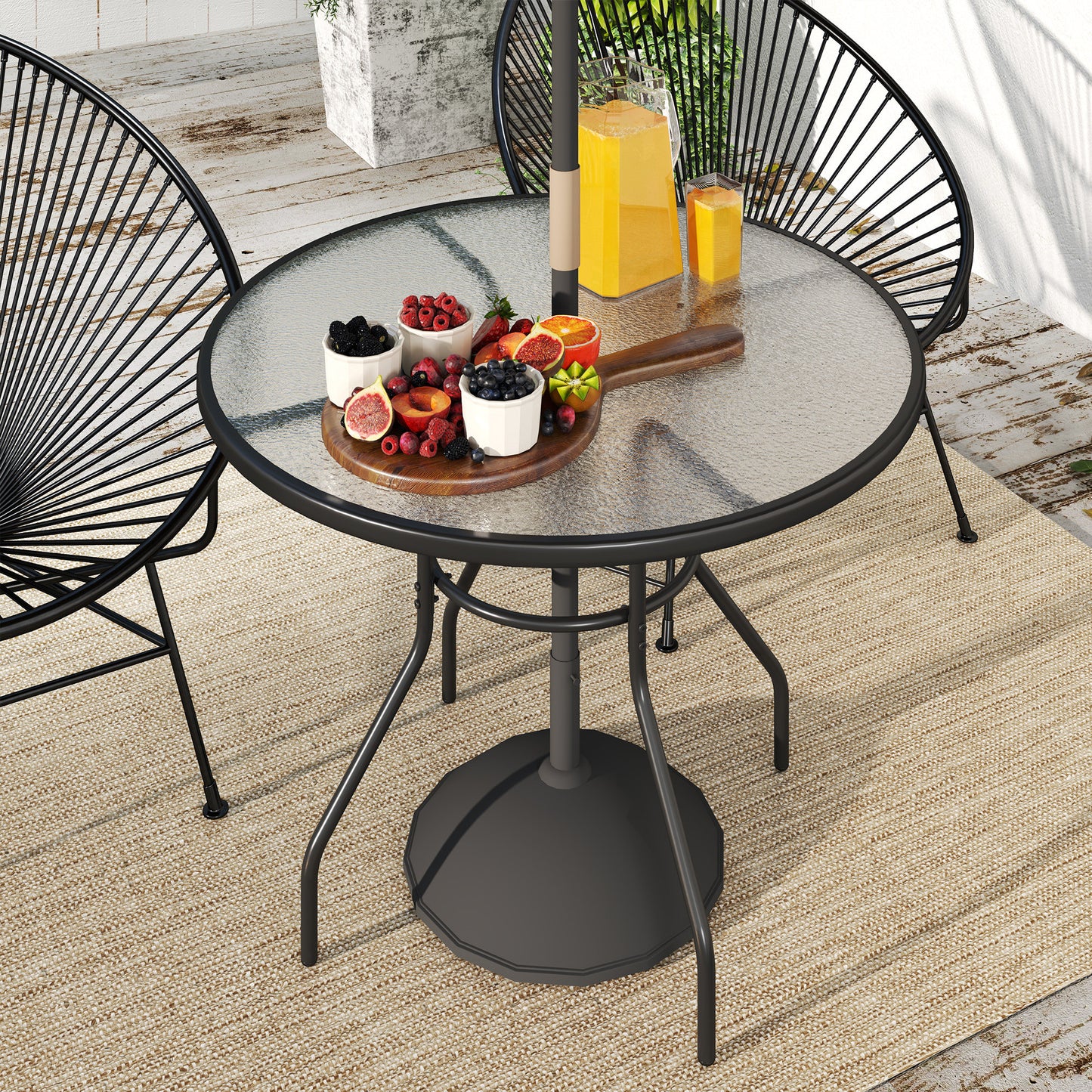 Rekapa Metal Black Glass Top Outdoor Table With Central Parasol Hole