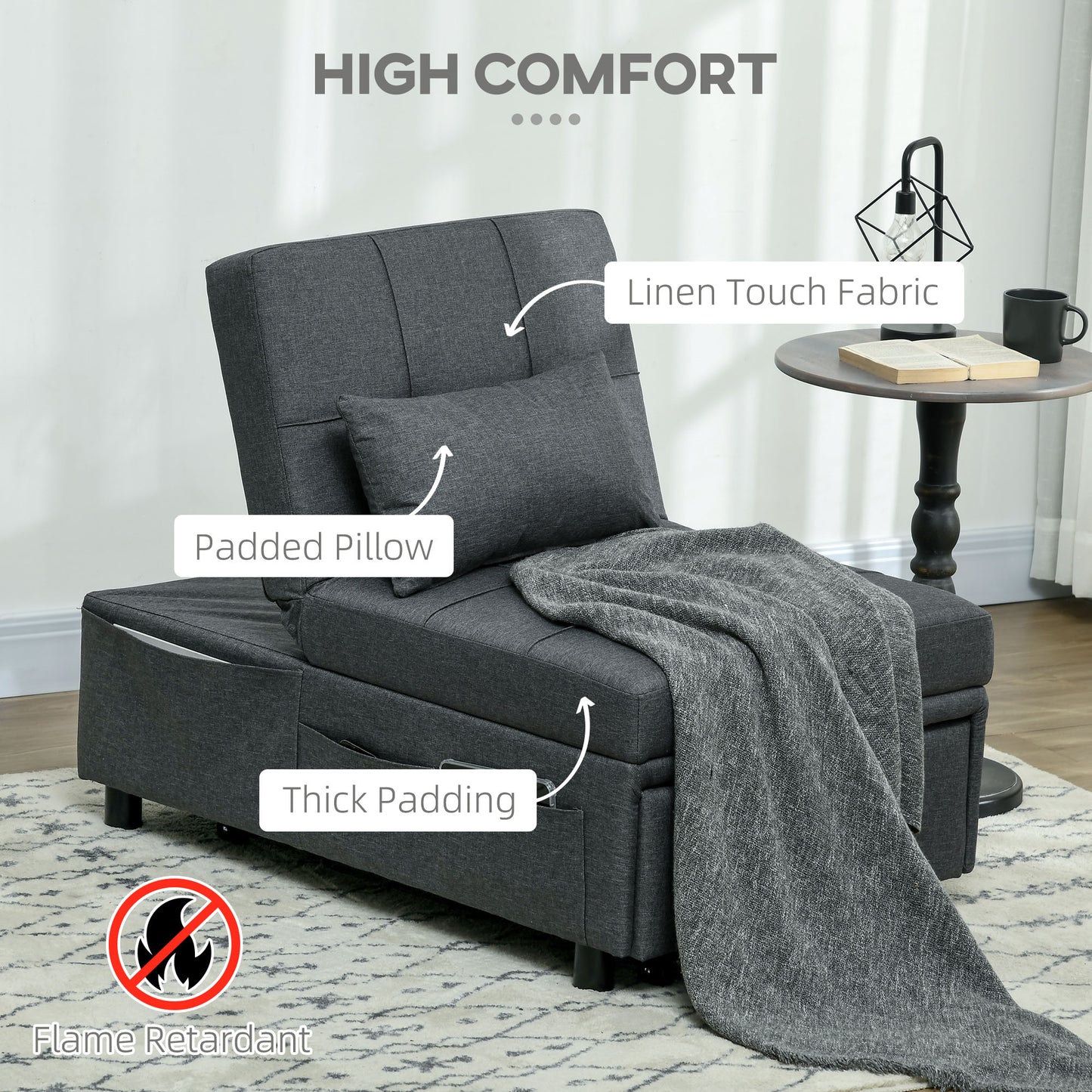 Bazi Fabric Grey 4 In One Convertible Chair Bed With Adjustable Back Side Pocket Wheels And Pillow