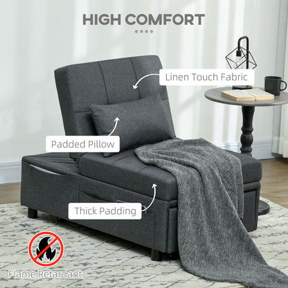 Bazi Fabric Grey 4 In One Convertible Chair Bed With Adjustable Back Side Pocket Wheels And Pillow