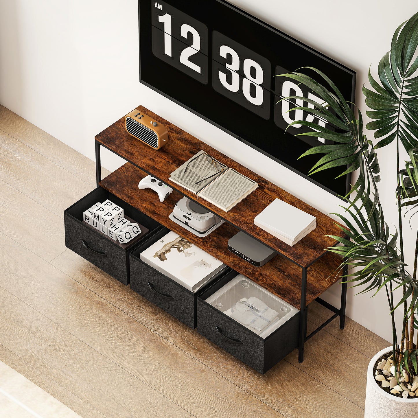 Avasoro 120cm Rustic Brown TV Storage Unit With 3 Fold Down Fabric Drawers