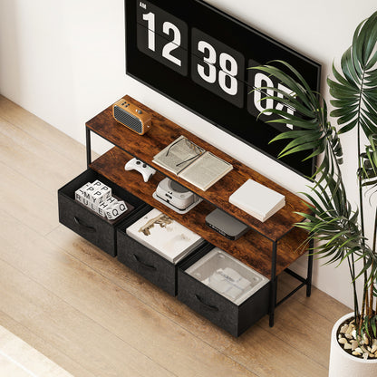 Avasoro 120cm Rustic Brown TV Storage Unit With 3 Fold Down Fabric Drawers