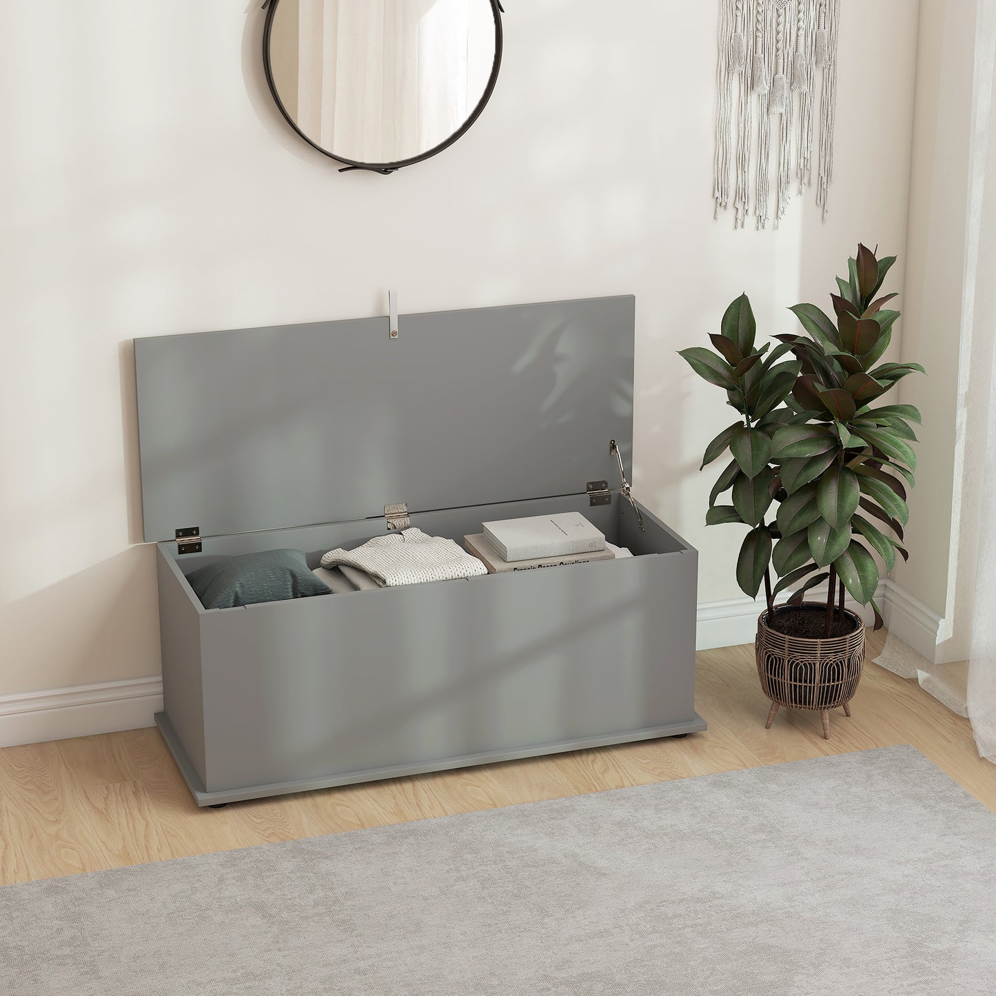 Fito Vima Grey Wood Storage Trunk With Flip Top Lid And Safety Hinges 113 Litre