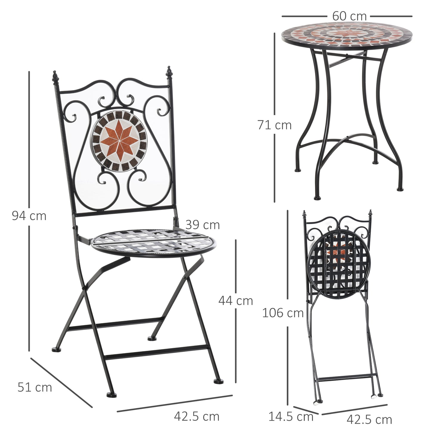 Rakamo 3 Piece Mosaic Garden Outdoor Bistro Table And Chair Set Orange