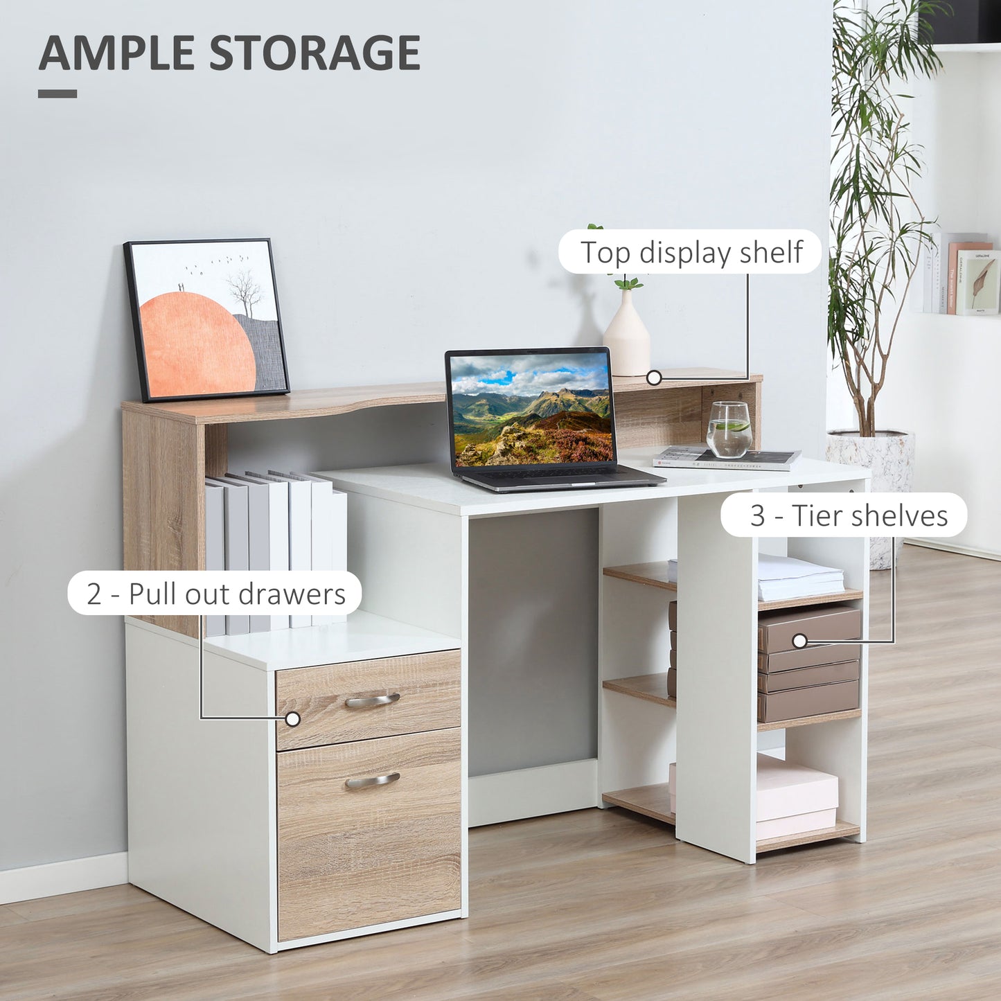 Niledi 137cm Wooden Oak Large Office Desk With Shelves Drawers And Printer Stand