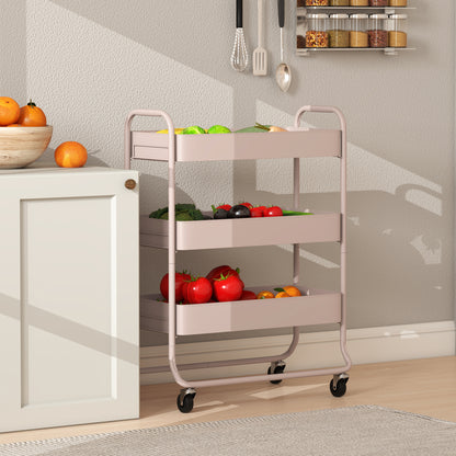 Noluli Doha Metal Light Pink 3 Tier Rolling Utility Trolley With Mesh Baskets
