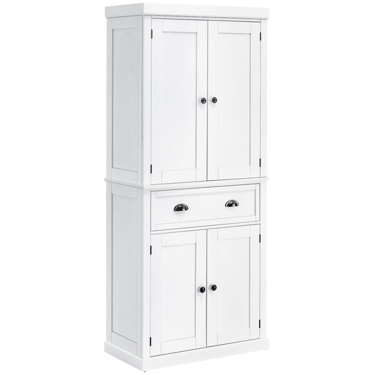 Fayo Wooden White Tall Colonial Style Kitchen Pantry Cabinet 4 Doors And Drawer