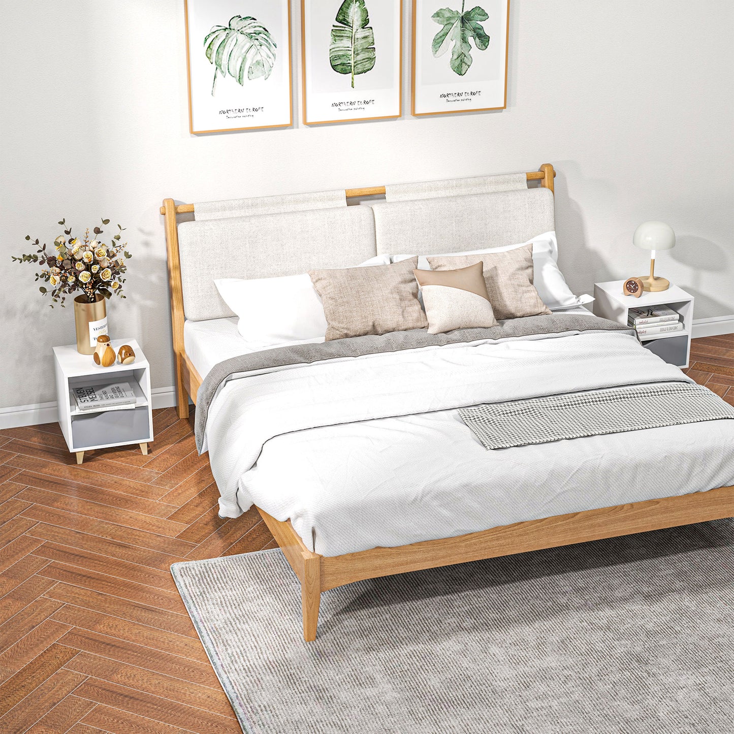 Tavimo Wooden Set Of 2 White And Grey Modern Bedside Tables With Drawer And Shelf