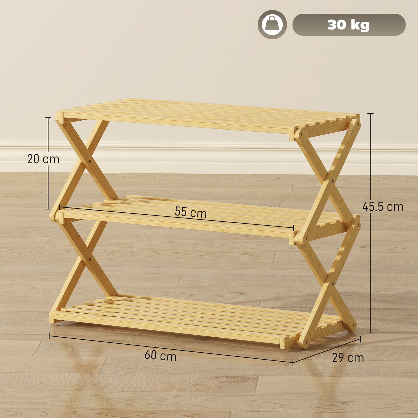Palu Natural Bamboo 3 Tier Folding Shoe Rack