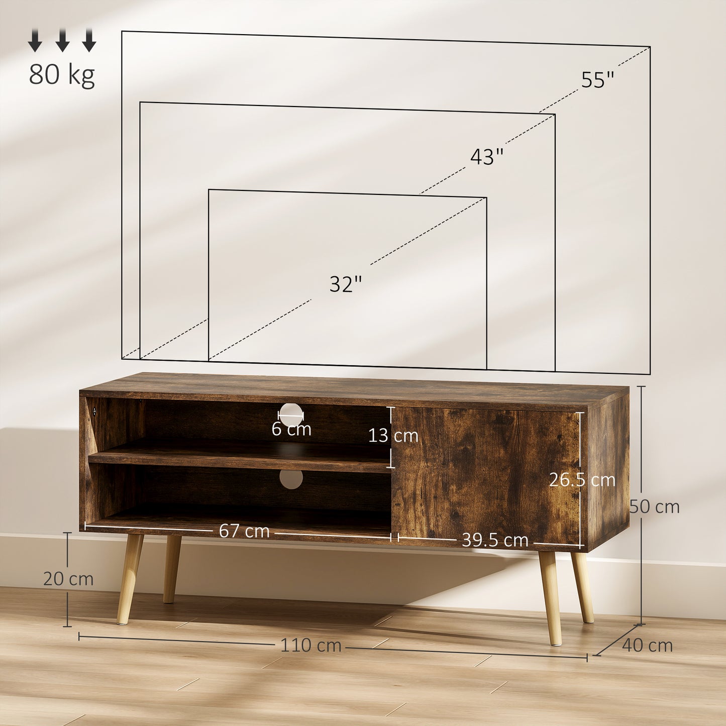 Avamar 110cm Brown TV Stand For Screens Up To 55 Inches With Open Shelves And Cable Access