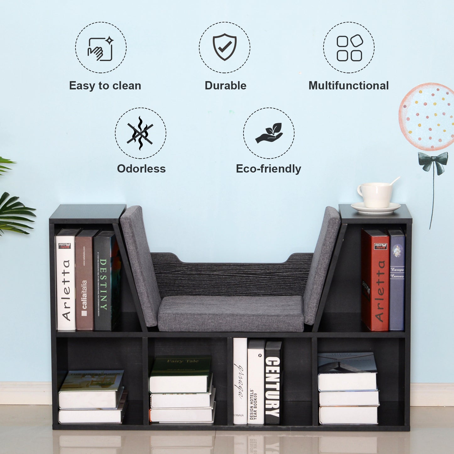 Yofilo Wood And Fabric Black Cube Bookcase With Built In Reading Seat