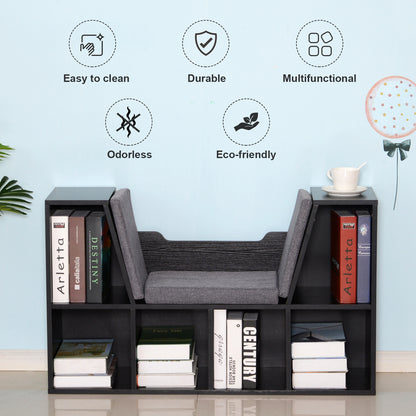Yofilo Wood And Fabric Black Cube Bookcase With Built In Reading Seat