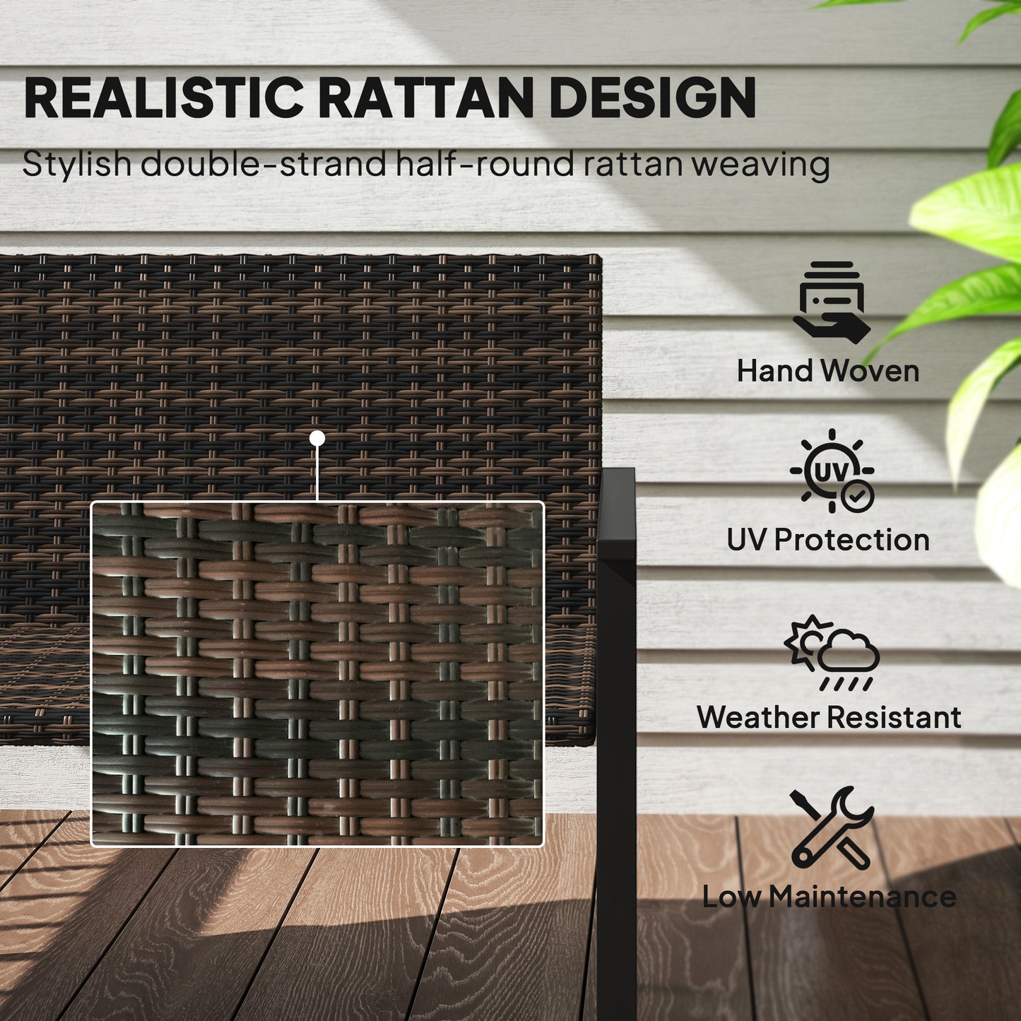 Batare Rattan Brown 2 Seater Garden Bench With Armrests