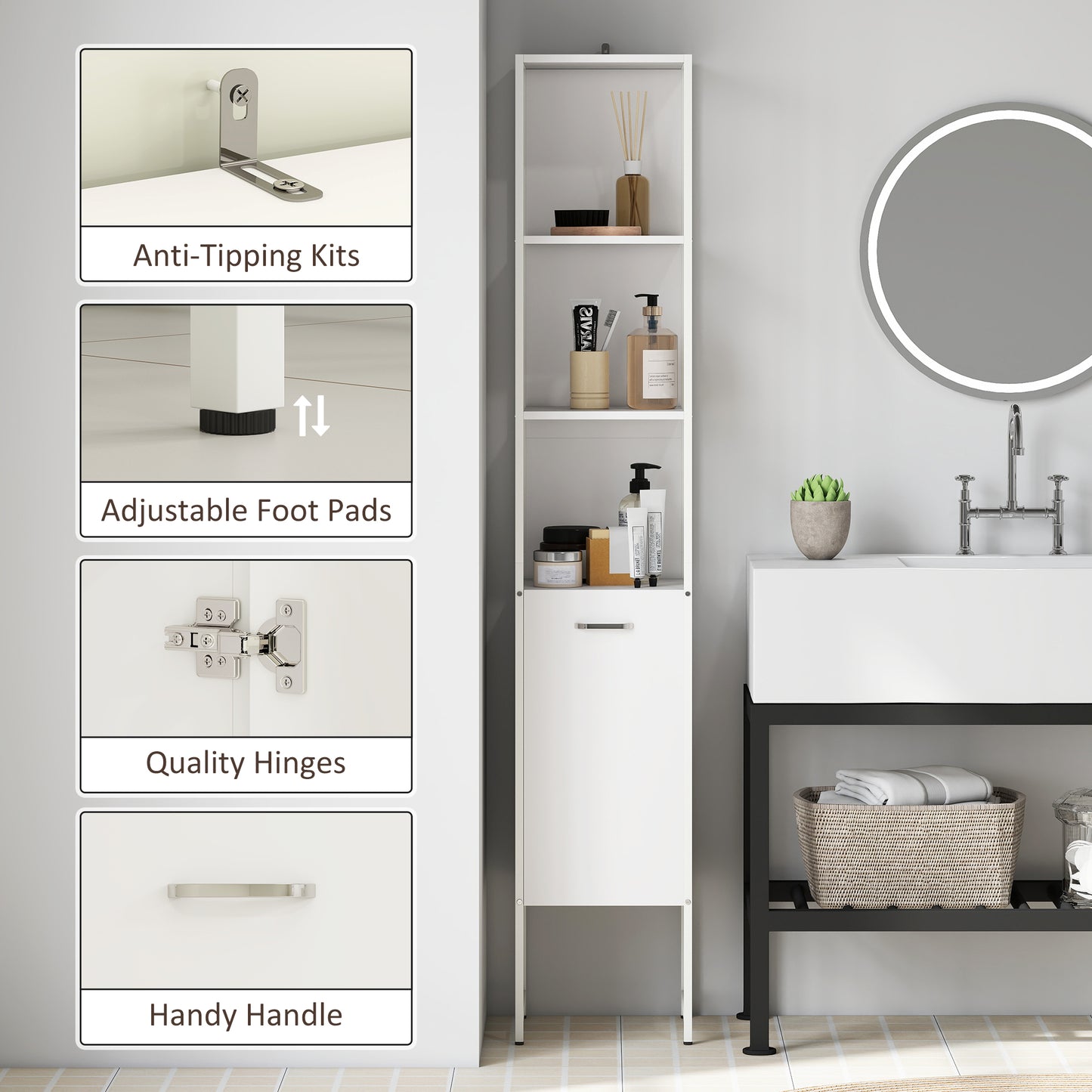Neliha Tall Bathroom Storage Cabinet With OFauxn Shelves And Adjustable Interior White
