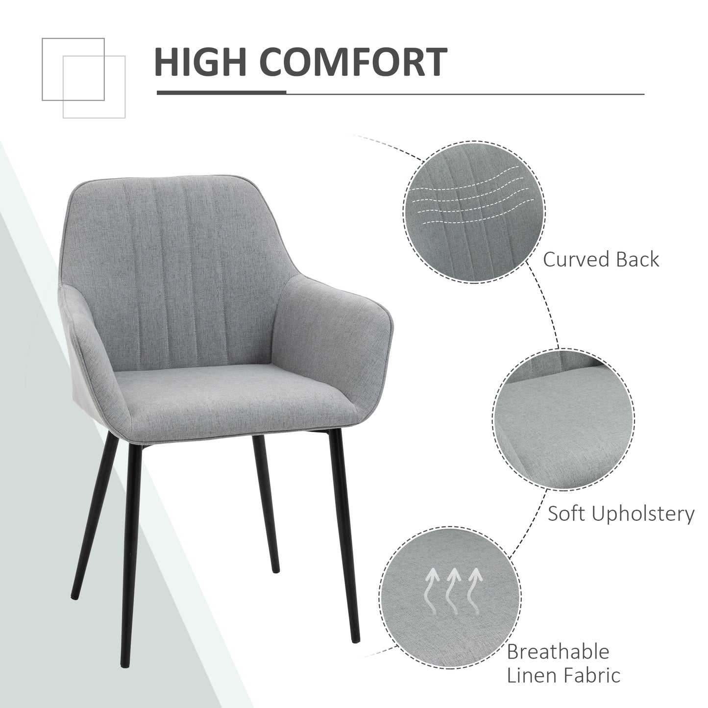 Mona Novi Set Of 2 Fabric Light Grey Dining Chairs With Metal Legs For Kitchen Or Dining