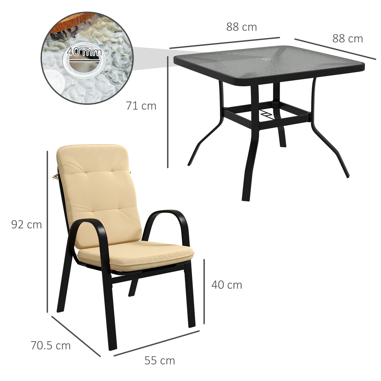Sukeco Luve 4 Seater Cream Outdoor Square Garden Dining Set with Tempered Glass with Umbrella Hole